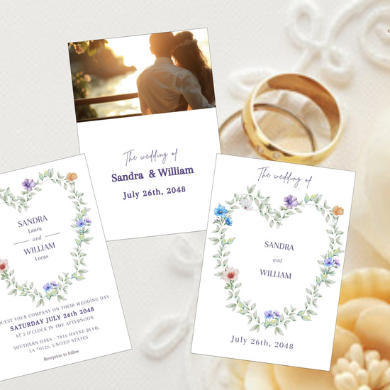Floral Heart Wedding Invitation editable Canva template featuring a watercolor-inspired floral heart wreath, romantic botanical details, elegant typography, and timeless wedding stationery for garden and countryside celebrations