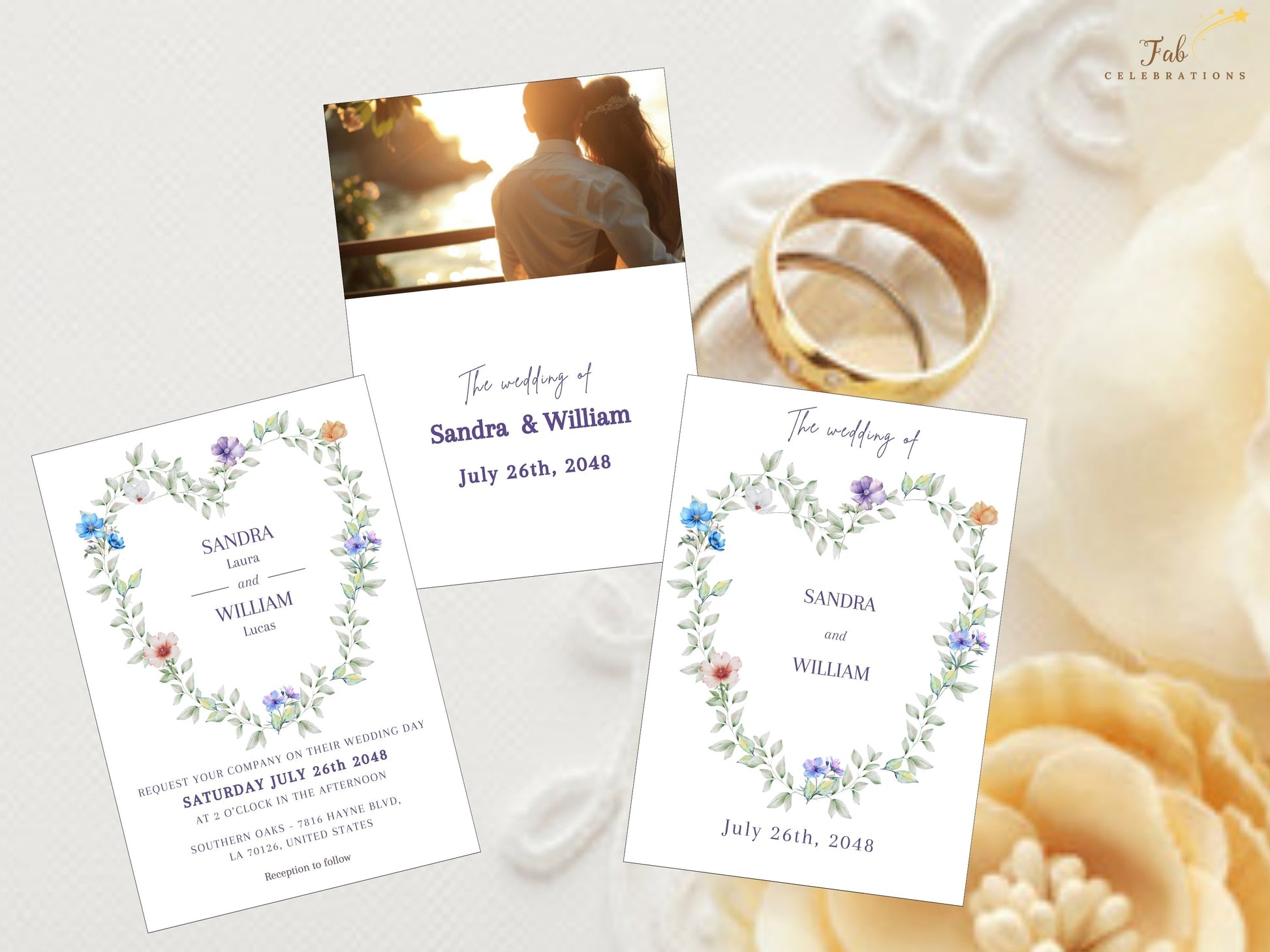 Floral Heart Wedding Invitation editable Canva template featuring a watercolor-inspired floral heart wreath, romantic botanical details, elegant typography, and timeless wedding stationery for garden and countryside celebrations