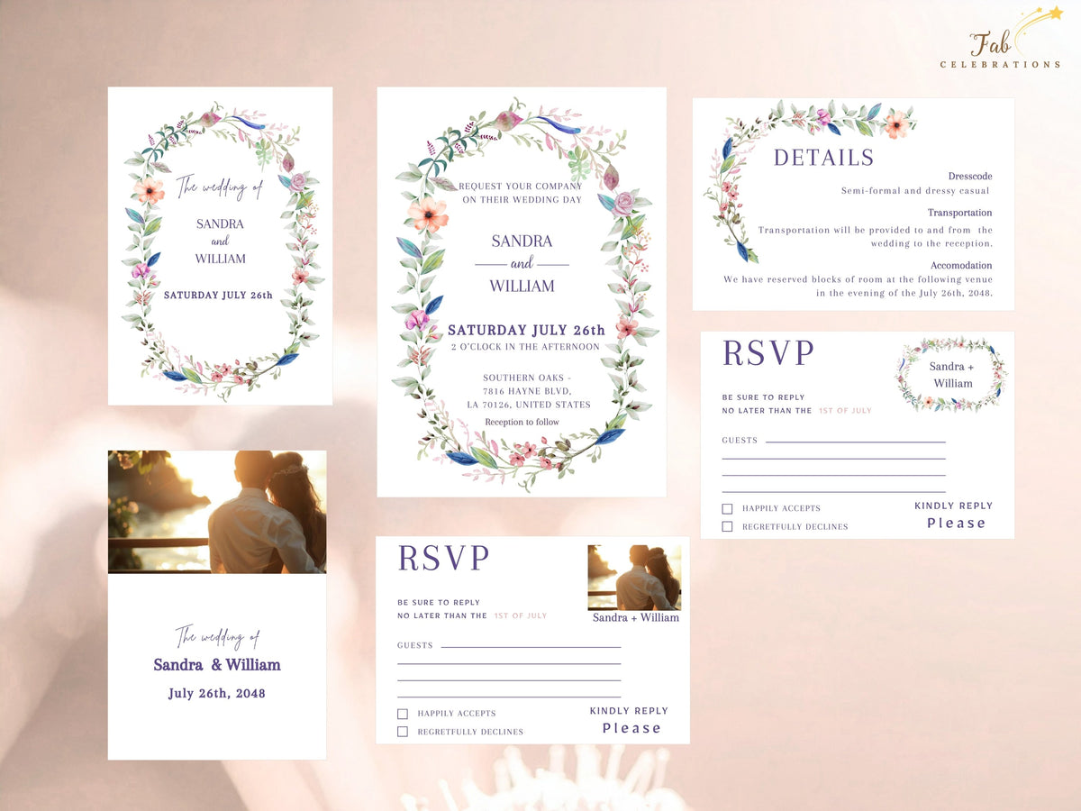 Step-by-step Canva tutorial showing how to customize the Floral Wedding Invitation Suite, including all six coordinated wedding templates, editable text, floral details, and personalization options.