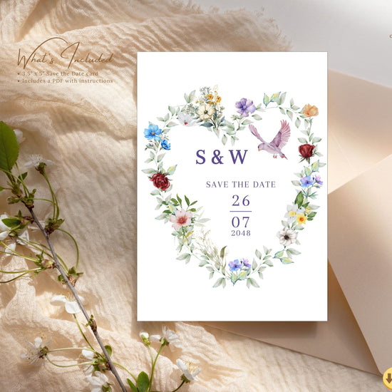 French countryside wedding save the date tutorial showing Canva customization with floral wreath, pink dove motifs and watercolor artistry for rustic romantic ceremonies.
