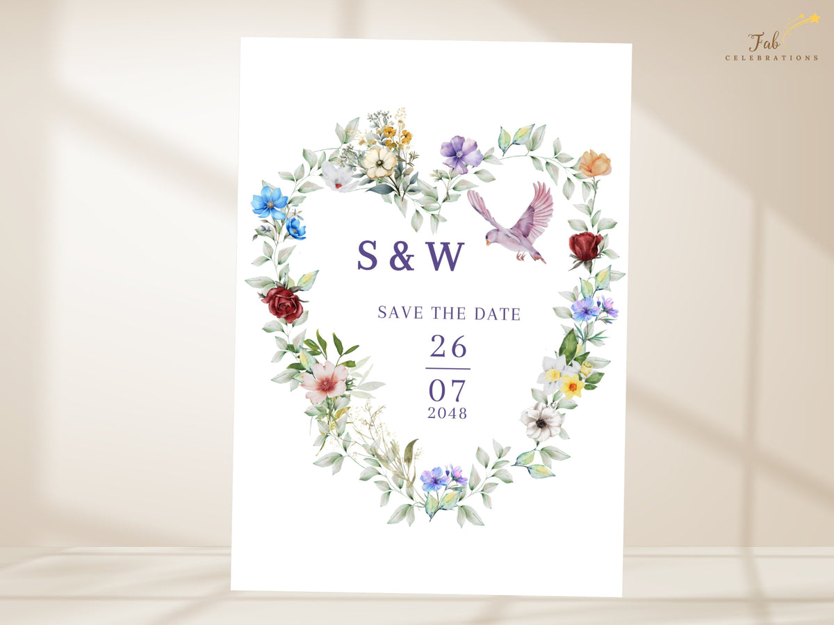 French countryside wedding Save the Date tutorial showing Canva customization with a watercolor-inspired floral heart wreath, graceful pink dove motifs and elegant French-inspired styling.