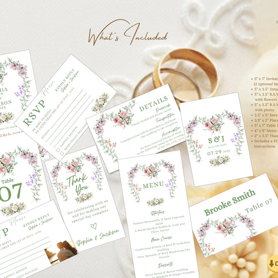 French wedding invitations tutorial showing Canva customization for 11 templates with floral heart design, rustic watercolor details and romantic countryside artistry.