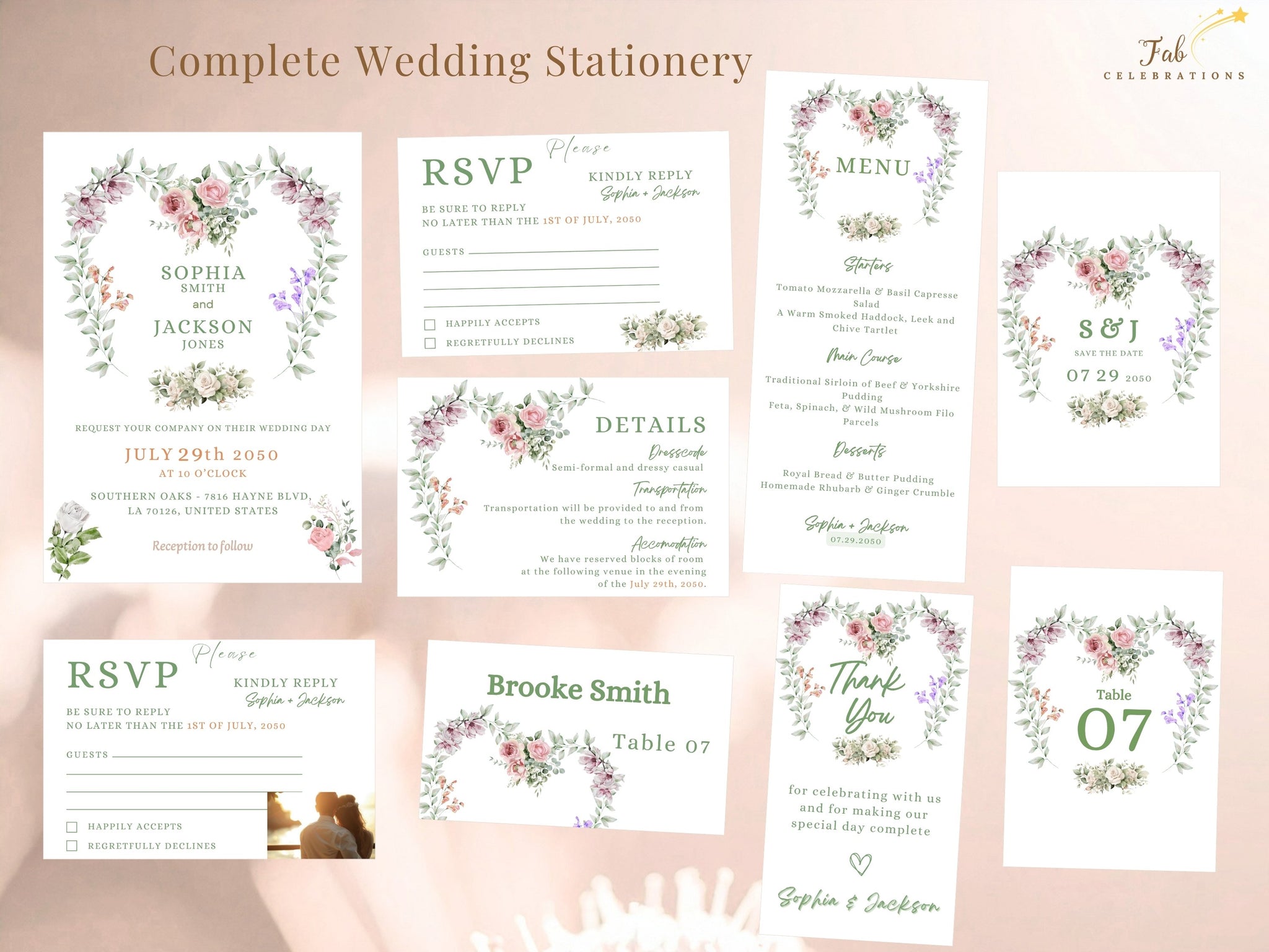 French wedding invitations tutorial showing how to customize the complete 11-piece editable Canva stationery collection, including invitation, RSVP, details, save the date, menu, table number, place card, and thank you card with romantic watercolor-inspired floral designs.