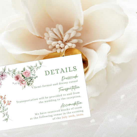 Tutorial showing how to edit garden wedding invitations details card in Canva, with watercolor floral heart design for rustic boho and French countryside weddings.
