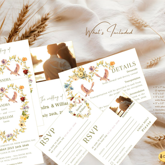 Video showcasing the heart shaped floral invitation set with six editable Canva wedding templates featuring a watercolor-inspired floral heart wreath, graceful dove illustration and coordinated botanical stationery for elegant romantic weddings.