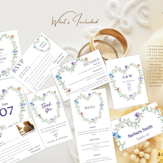 Heart Shaped Wedding Invitation Set editable Canva wedding suite featuring a watercolor-inspired floral heart wreath, matching RSVP cards, details card, menu, place card, table number, save the date, and thank you card for a romantic wedding celebration