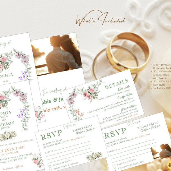 Heart wedding invitations tutorial showing how to customize the 6-piece editable Canva stationery set, including the invitation, two back designs, two RSVP cards, and matching details card with a romantic watercolor-inspired floral heart.
