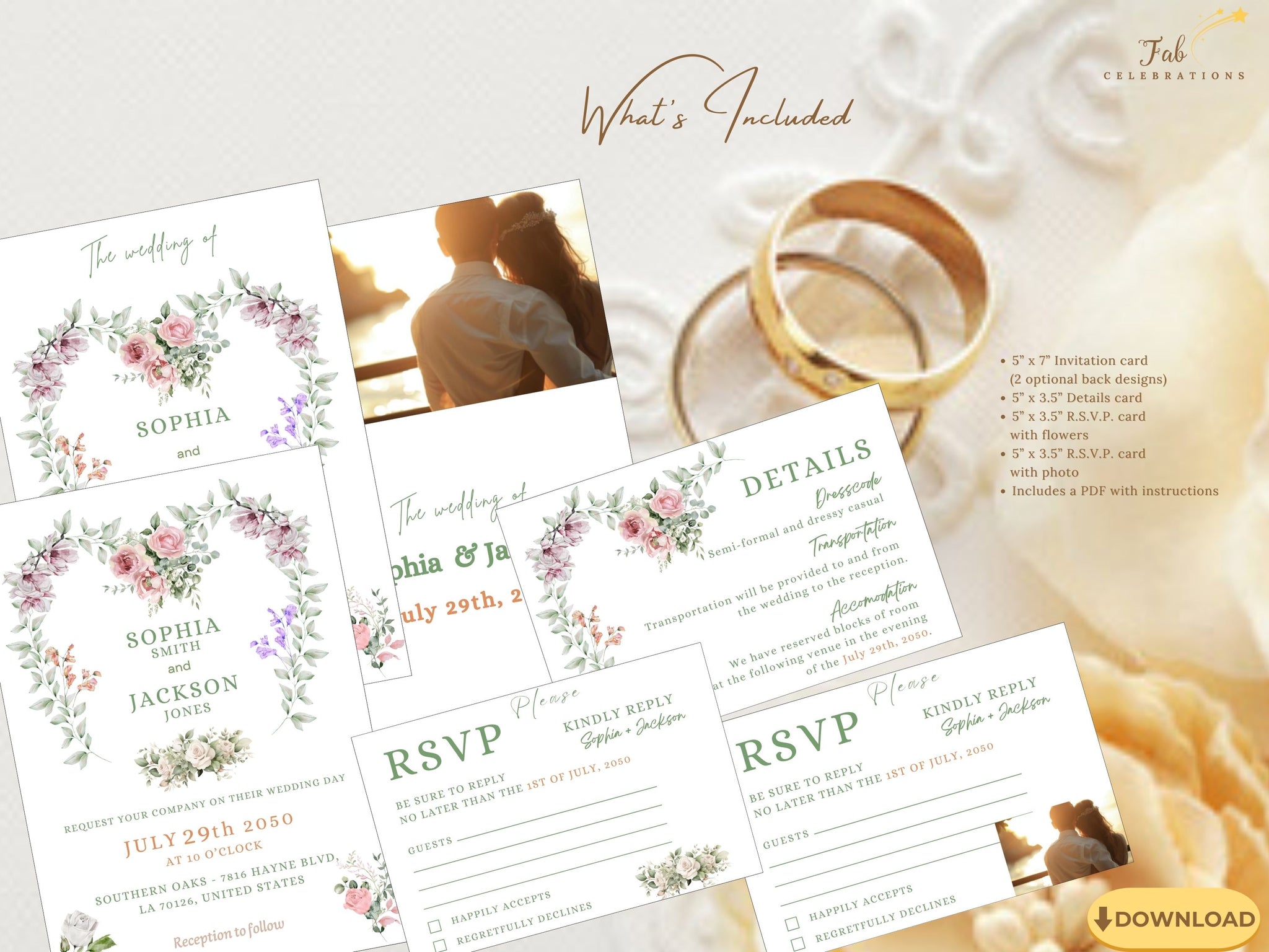 Heart wedding invitations tutorial showing how to customize the 6-piece editable Canva stationery set, including the invitation, two back designs, two RSVP cards, and matching details card with a romantic watercolor-inspired floral heart.