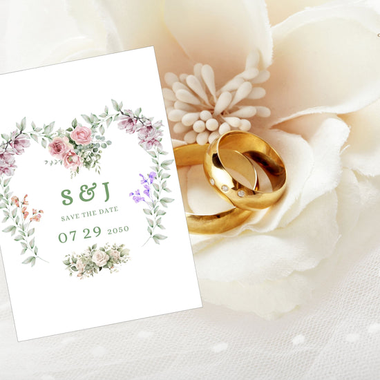 Tutorial showing how to edit lavender wedding invitations Save the Date card in Canva, featuring a romantic watercolor-inspired floral heart for elegant French-inspired weddings.
