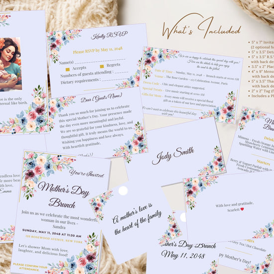 Mother’s Day Deluxe Set video preview showcasing editable Canva invitation suite, RSVP card, menu, thank you note, place card, and floral table décor with blush watercolor florals and elegant pastel styling.