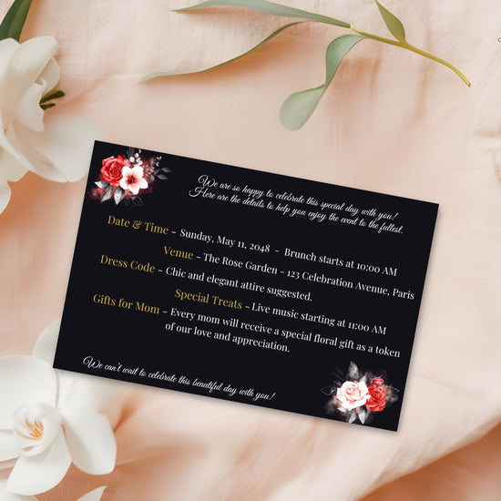 Mother’s Day Details Card video preview showcasing elegant black and gold Canva templates with romantic floral artwork, customizable event information sections, and coordinated stationery styling for a refined Mother’s Day celebration.