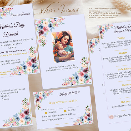 Mother’s Day Event Set video preview showcasing editable Canva invitation, RSVP, and menu cards with blush watercolor-inspired florals, elegant pastel typography, and coordinated spring celebration stationery.