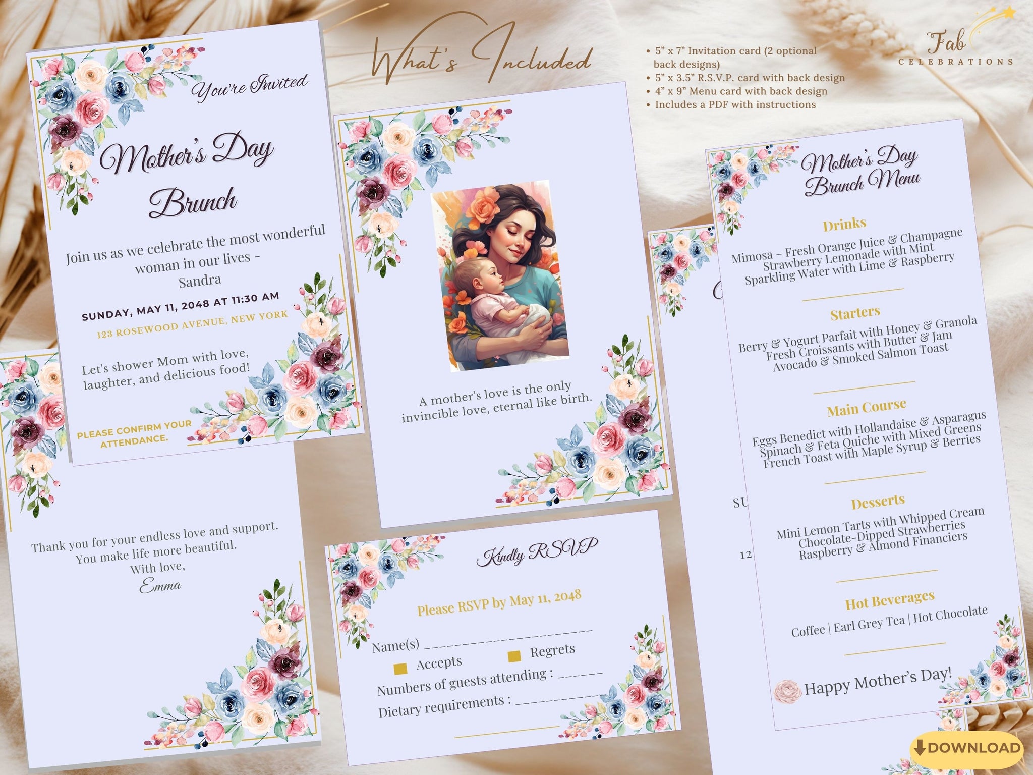 Mother’s Day Event Set video preview showcasing editable Canva invitation, RSVP, and menu cards with blush watercolor-inspired florals, elegant pastel typography, and coordinated spring celebration stationery.