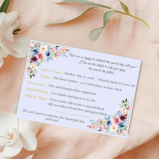 Mother’s Day Info Card video preview showcasing editable Canva details cards with blush watercolor-inspired florals, elegant pastel typography, and coordinated spring celebration stationery.