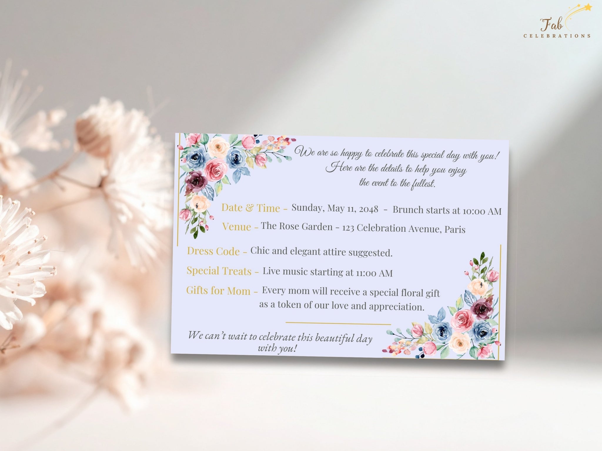 Mother’s Day Info Card video preview showcasing editable Canva details cards with blush watercolor-inspired florals, elegant pastel typography, and coordinated spring celebration stationery.