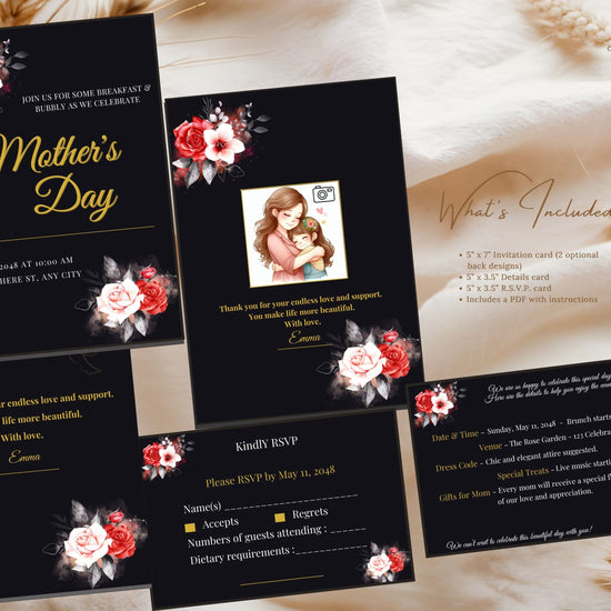Mother’s Day Invitation Set video preview displaying editable Canva templates with black and gold typography, romantic red and white floral bouquets, matching RSVP and details cards, and refined French-inspired stationery styling for an elegant celebration.