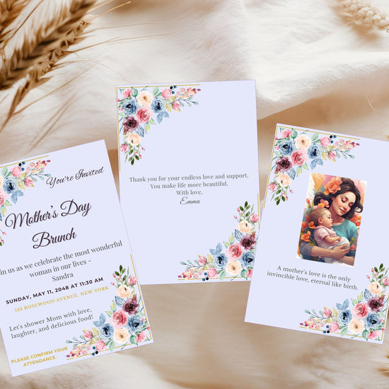 Mother’s Day Invitation video preview showcasing editable Canva invitation templates with blush watercolor-inspired florals, elegant pastel typography, and coordinated spring celebration styling.