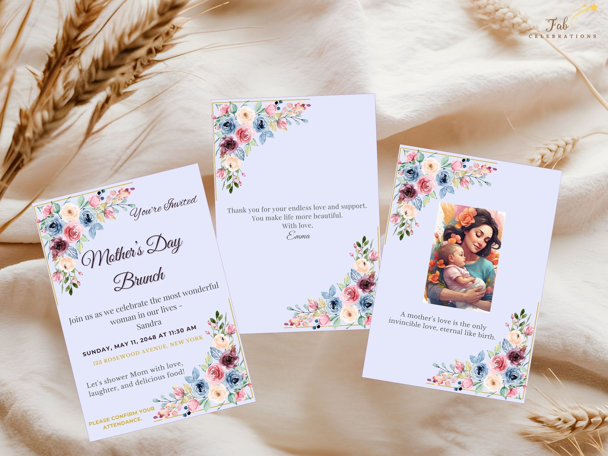 Mother’s Day Invitation video preview showcasing editable Canva invitation templates with blush watercolor-inspired florals, elegant pastel typography, and coordinated spring celebration styling.