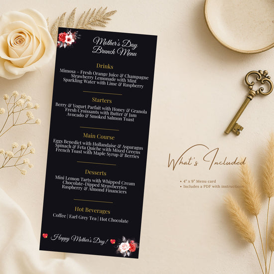 Mother’s Day Menu Card video preview showcasing elegant black and gold Canva templates with customizable menu layouts, romantic floral artwork, and coordinated stationery styling for a refined Mother’s Day table setting.