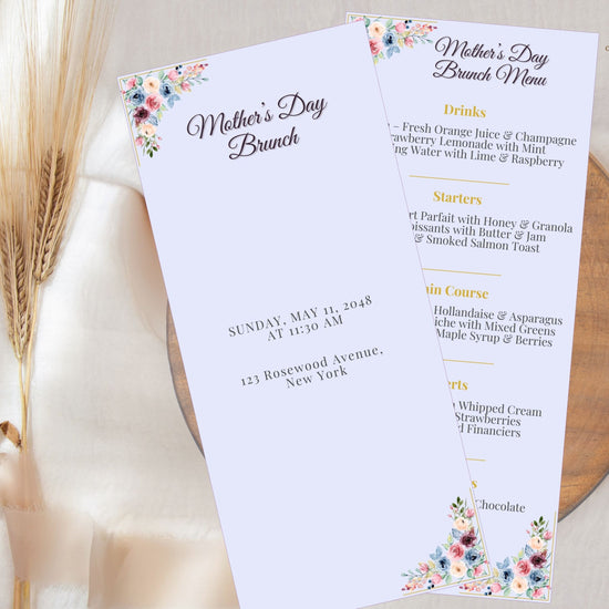 Mother’s Day Menu Template video preview showcasing editable Canva menu cards with blush watercolor-inspired florals, elegant pastel typography, and coordinated spring table décor styling.