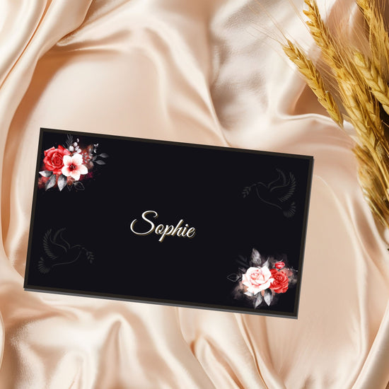 Mother’s Day Place Card video preview showcasing elegant black and gold Canva templates with customizable guest names, romantic floral artwork, and coordinated stationery styling for a refined Mother’s Day table setting.