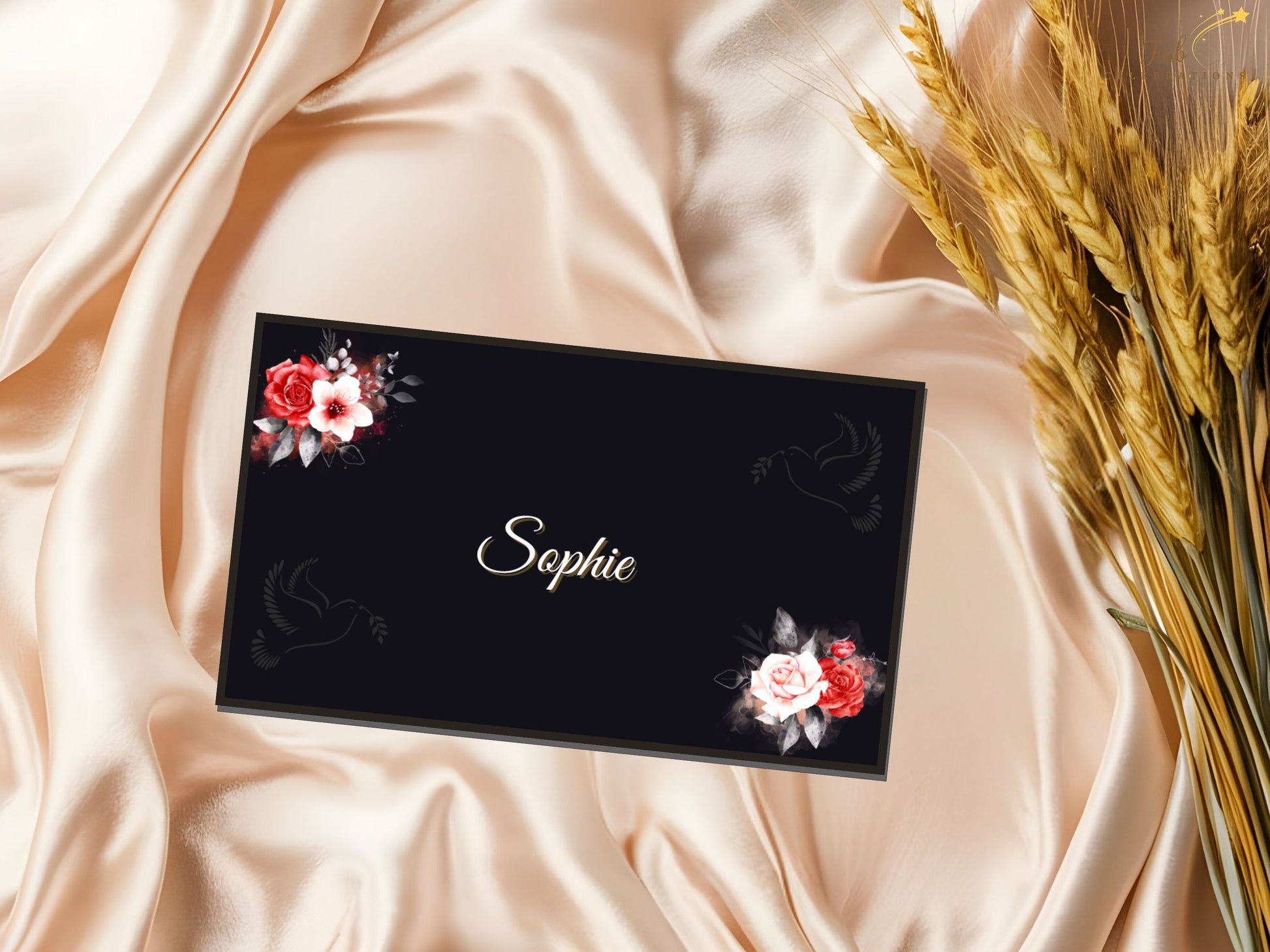 Mother’s Day Place Card video preview showcasing elegant black and gold Canva templates with customizable guest names, romantic floral artwork, and coordinated stationery styling for a refined Mother’s Day table setting.