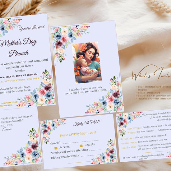Mother’s Day Printable Bundle video preview showcasing editable Canva invitation, RSVP, and details cards with blush watercolor florals, elegant pastel typography, and coordinated spring celebration stationery.