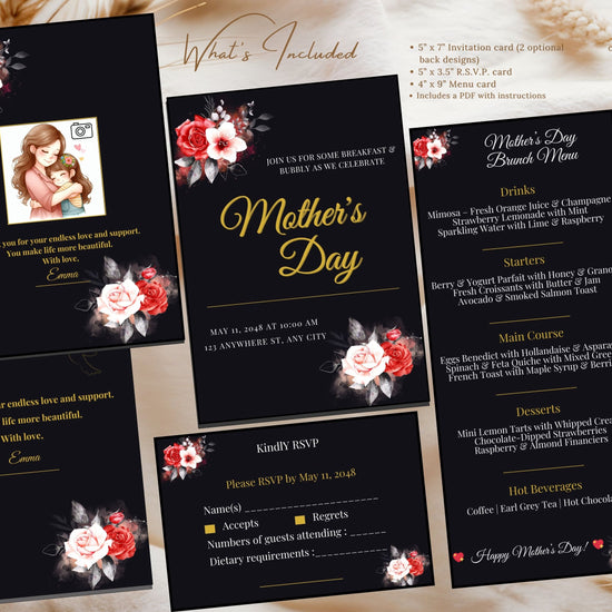 Mother’s Day RSVP and Menu Set video preview showcasing elegant black and gold Canva templates with coordinated RSVP and menu cards, romantic floral artwork, and customizable layouts for a refined Mother’s Day celebration.