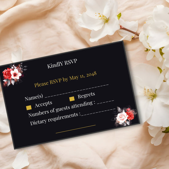 Mother’s Day RSVP Card video preview showcasing elegant black and gold Canva templates with romantic red and white floral artwork, customizable RSVP wording, and coordinated stationery styling for a refined Mother’s Day celebration.