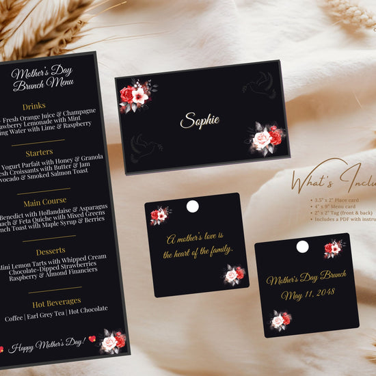 Mother’s Day Table Decoration Set video preview showcasing elegant black and gold Canva templates including floral menu card, place card, and double-sided gift tag designed for a refined and coordinated Mother’s Day table setting.