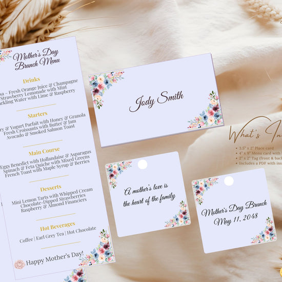 Mother’s Day Table Set video preview showcasing editable Canva menu cards, place cards, and floral gift tags with blush watercolor florals, elegant pastel styling, and coordinated spring table décor.
