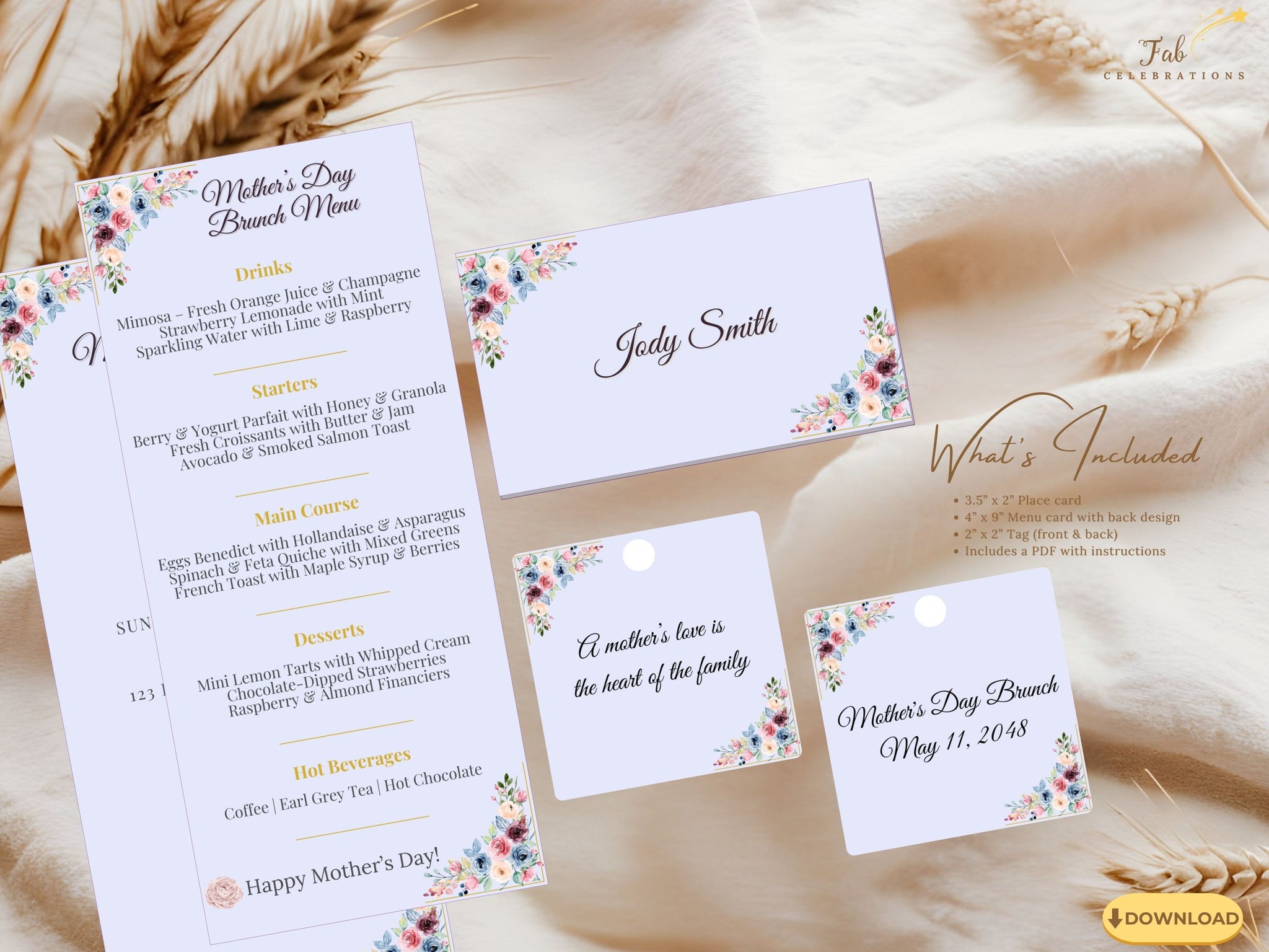 Mother’s Day Table Set video preview showcasing editable Canva menu cards, place cards, and floral gift tags with blush watercolor florals, elegant pastel styling, and coordinated spring table décor.