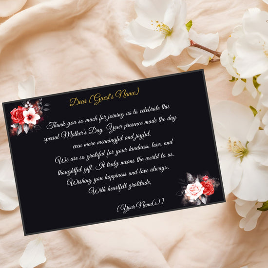 Mother’s Day Thank You Card video preview showcasing elegant black and gold Canva templates with customizable gratitude messages, romantic floral artwork, and coordinated stationery styling for a refined Mother’s Day celebration.