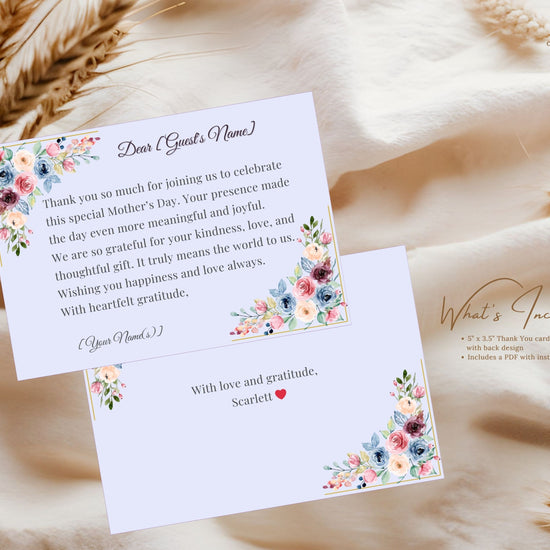 Mother’s Day Thank You Note video preview showcasing editable Canva floral gratitude cards with blush watercolor-inspired florals, elegant pastel typography, and coordinated spring stationery styling.