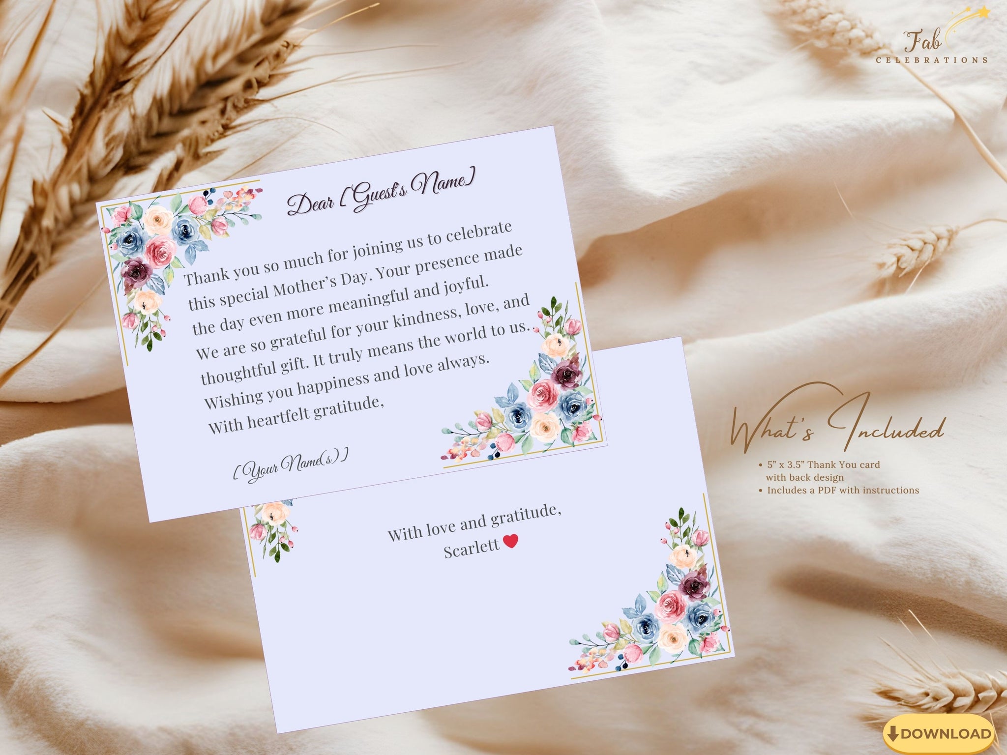 Mother’s Day Thank You Note video preview showcasing editable Canva floral gratitude cards with blush watercolor-inspired florals, elegant pastel typography, and coordinated spring stationery styling.