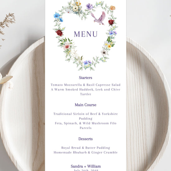 Canva tutorial showing editable wedding menu cards with watercolor floral wreath, graceful dove motif and delicate greenery for romantic French-inspired receptions.