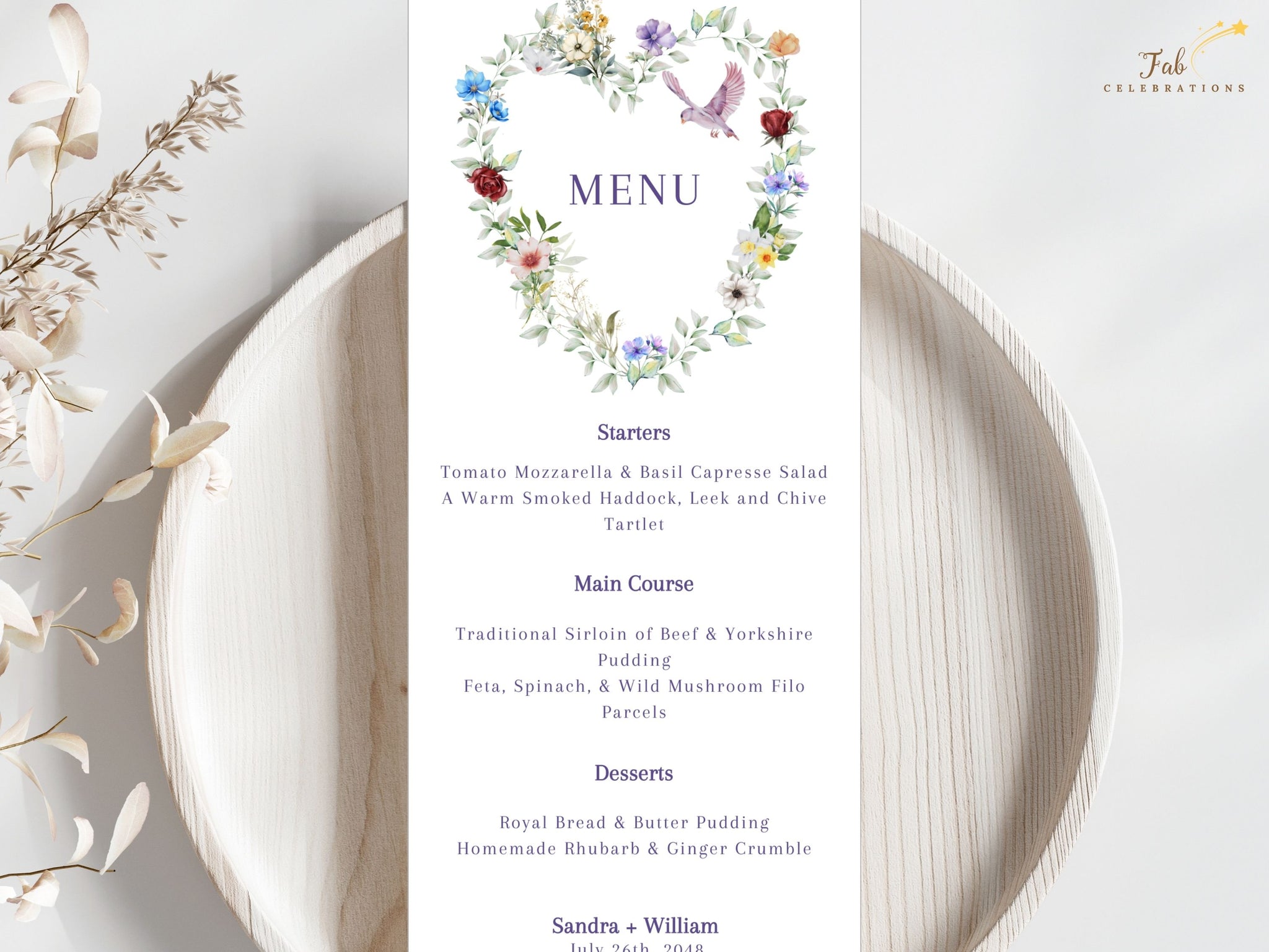 Canva tutorial showing editable wedding menu cards with watercolor floral wreath, graceful dove motif and delicate greenery for romantic French-inspired receptions.