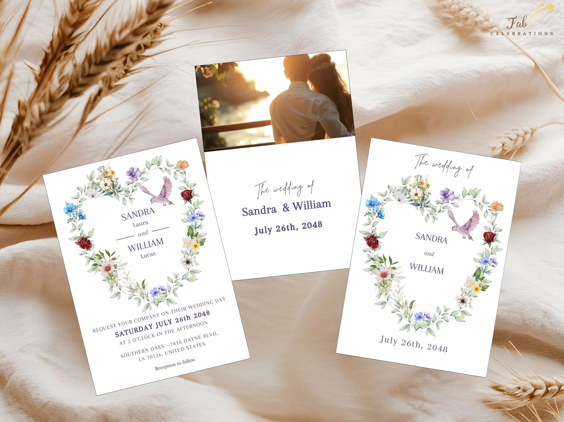 Parisian wedding invitations tutorial showing Canva customization with French floral design, romantic watercolor heart artwork and elegant dove motifs for refined ceremonies.