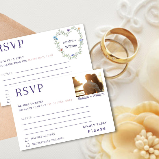 Pastel Floral RSVP Card editable Canva wedding response template featuring a watercolor-inspired floral heart wreath, romantic botanical details, elegant typography, and coordinated wedding stationery design