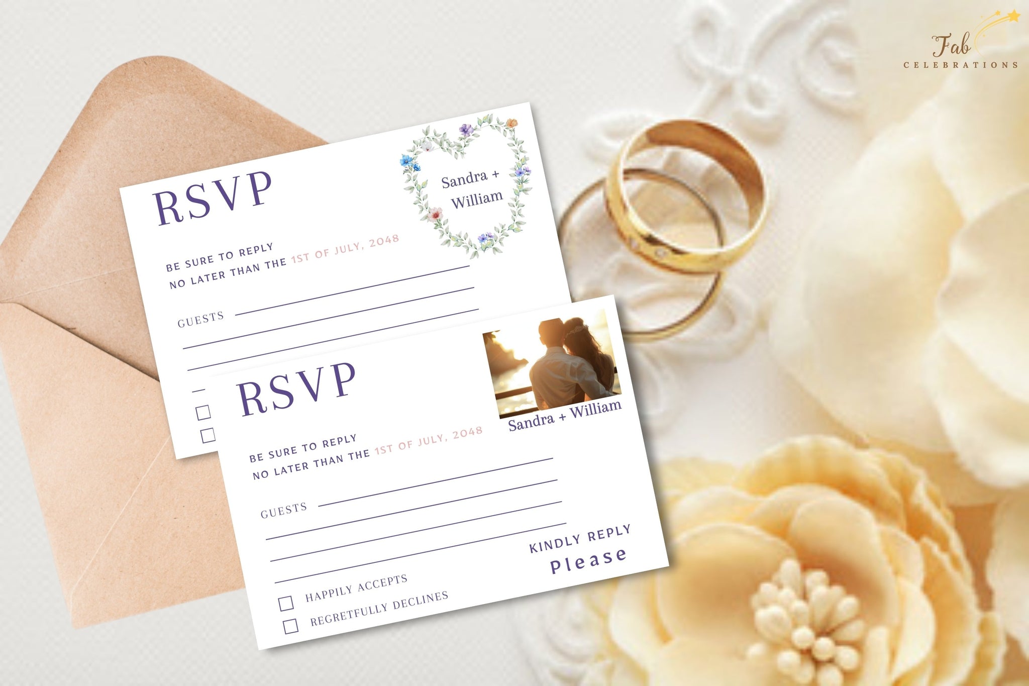 Pastel Floral RSVP Card editable Canva wedding response template featuring a watercolor-inspired floral heart wreath, romantic botanical details, elegant typography, and coordinated wedding stationery design