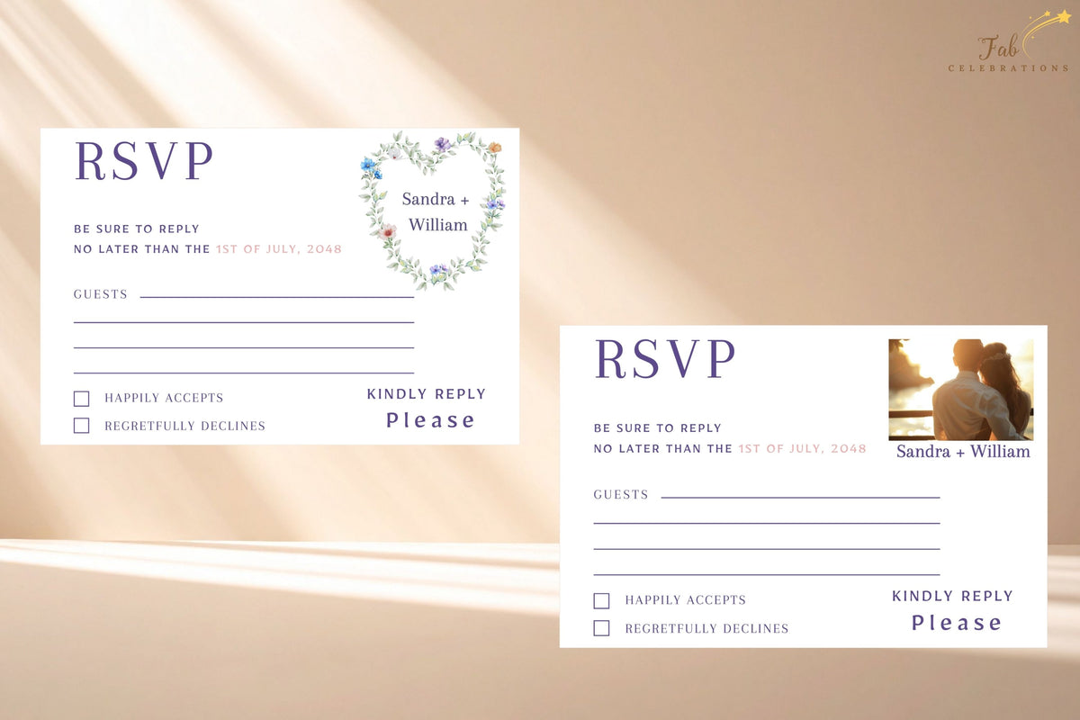 Pastel Floral RSVP Card editable Canva wedding response template featuring a watercolor-inspired floral heart wreath, romantic botanical details, elegant typography, and coordinated wedding stationery design