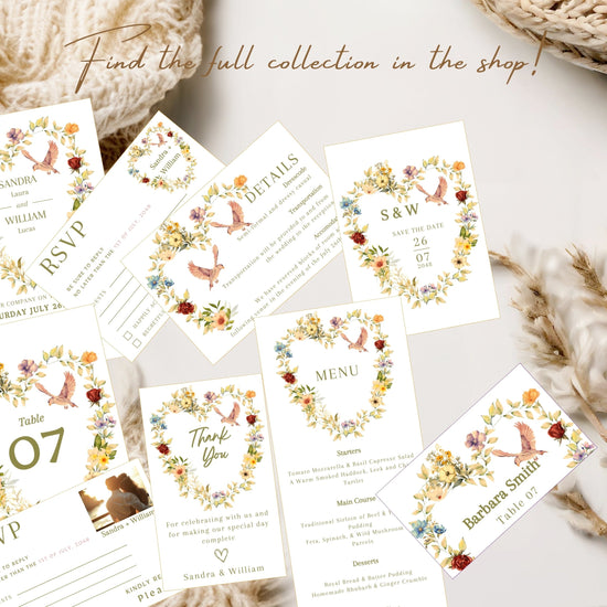 Video showcasing the Pastel Floral Wedding Invitation Suite with eleven editable Canva templates featuring a watercolor-inspired floral heart wreath, graceful doves and coordinated botanical wedding stationery for elegant romantic celebrations.