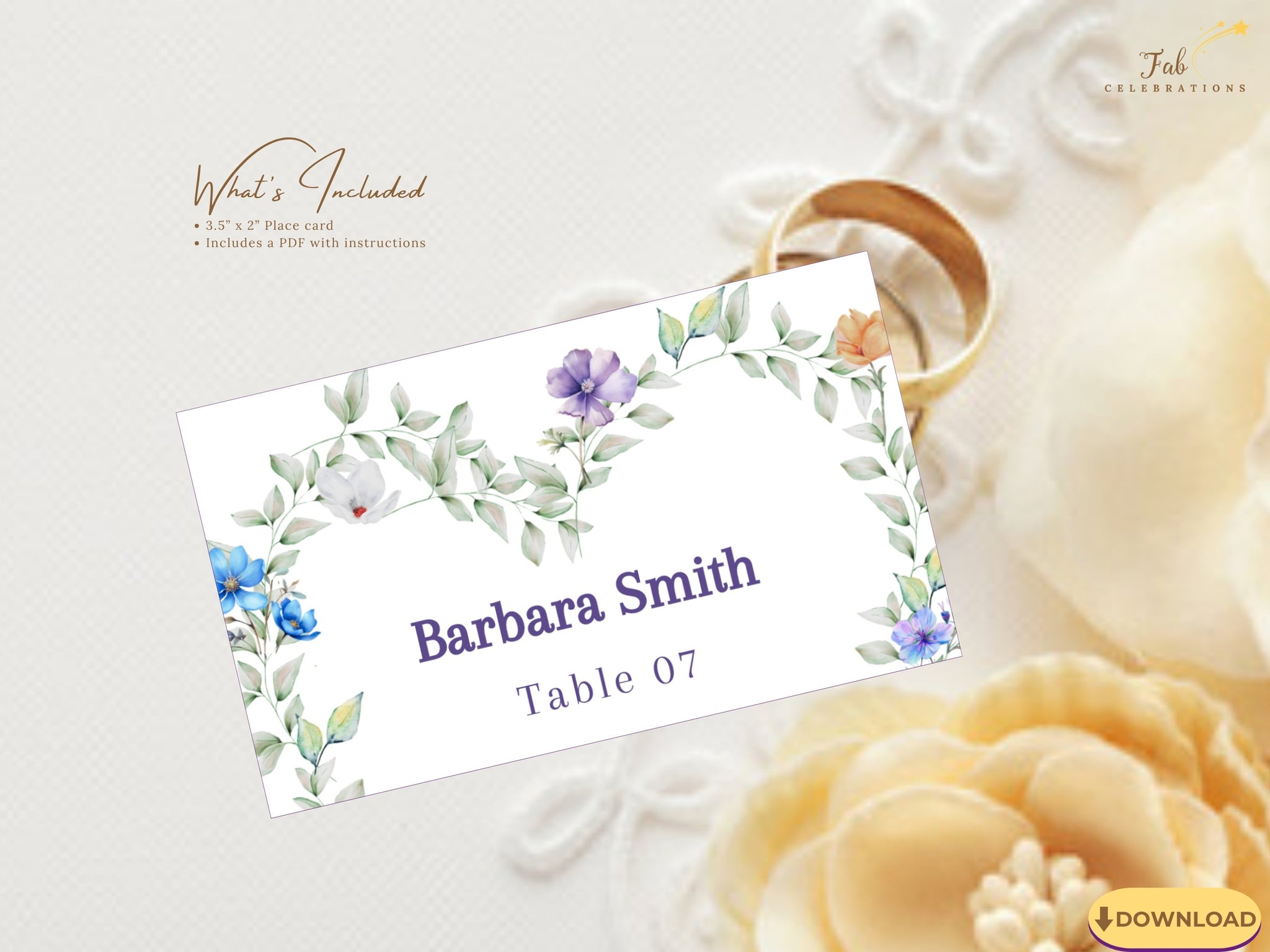 Pastel Wedding Name Card editable Canva place card template featuring a watercolor-inspired floral heart wreath, romantic botanical details, elegant typography, and coordinated wedding table seating décor