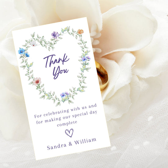 Pastel Wedding Thank You Card editable Canva template featuring a watercolor-inspired floral heart wreath, romantic botanical details, elegant typography, and coordinated wedding stationery for sharing heartfelt gratitude