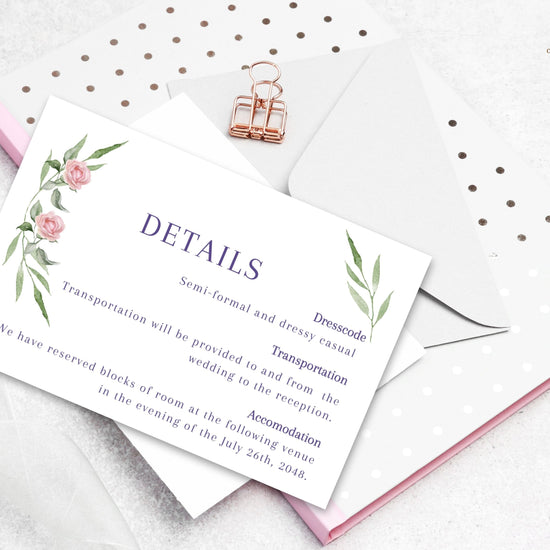 Pink rose wedding details with watercolor roses and sage greenery — editable Canva template for sharing venue, travel, and schedule information with romantic elegance.