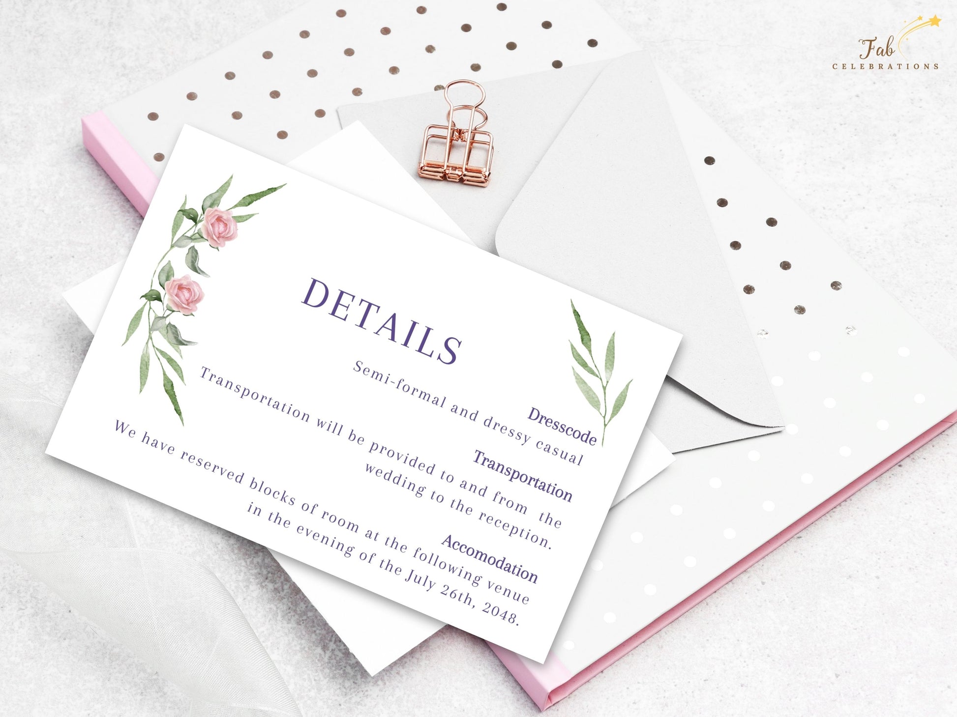 Pink rose wedding details with watercolor roses and sage greenery — editable Canva template for sharing venue, travel, and schedule information with romantic elegance.