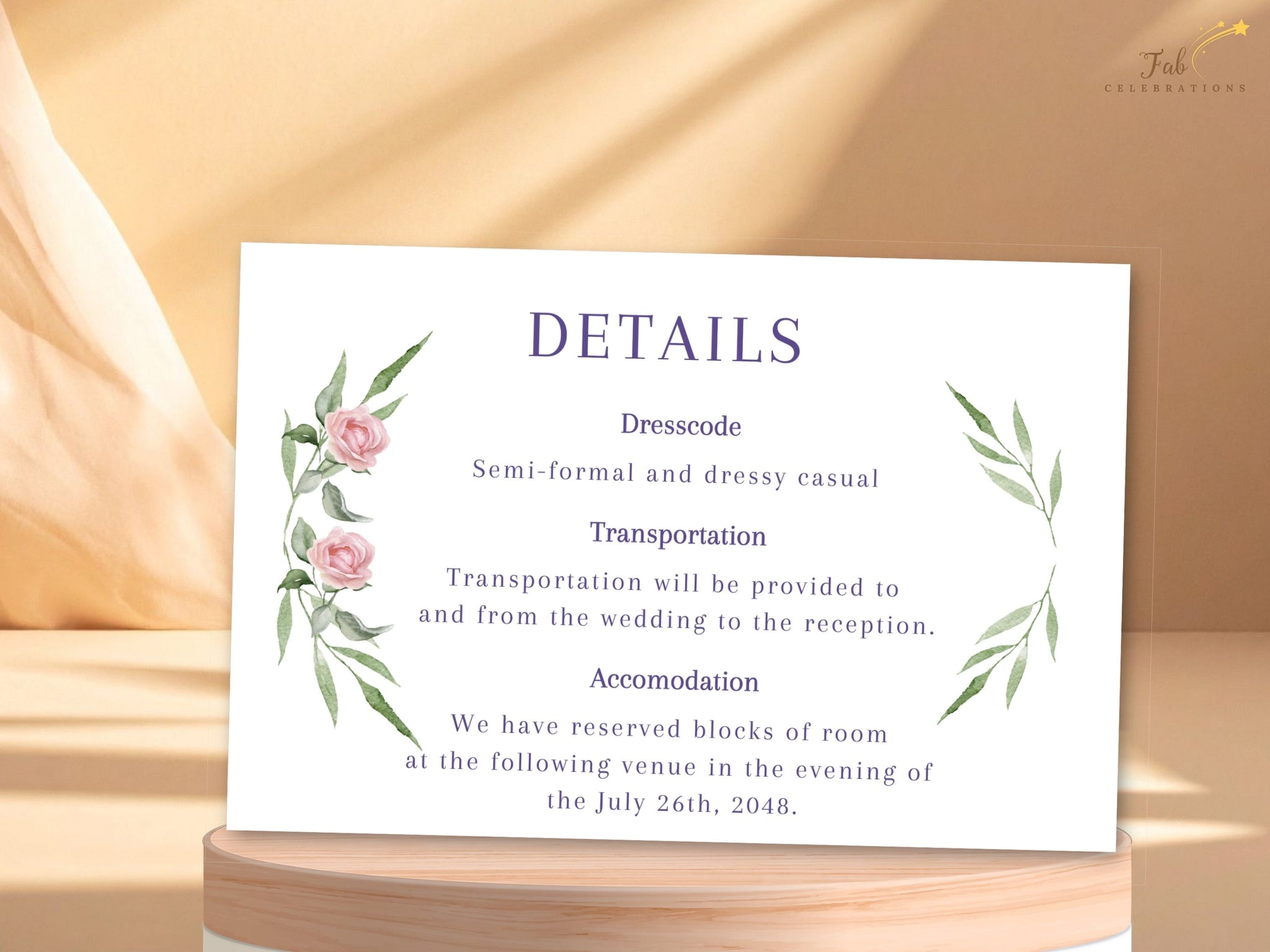 Pink rose wedding details with watercolor roses and sage greenery — editable Canva template for sharing venue, travel, and schedule information with romantic elegance.