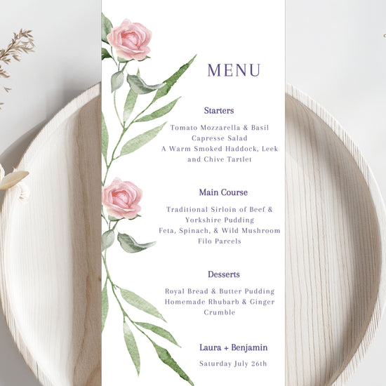 Pink rose wedding menu card template with watercolor florals — editable Canva design to present your reception meal with timeless, romantic, and elegant charm.