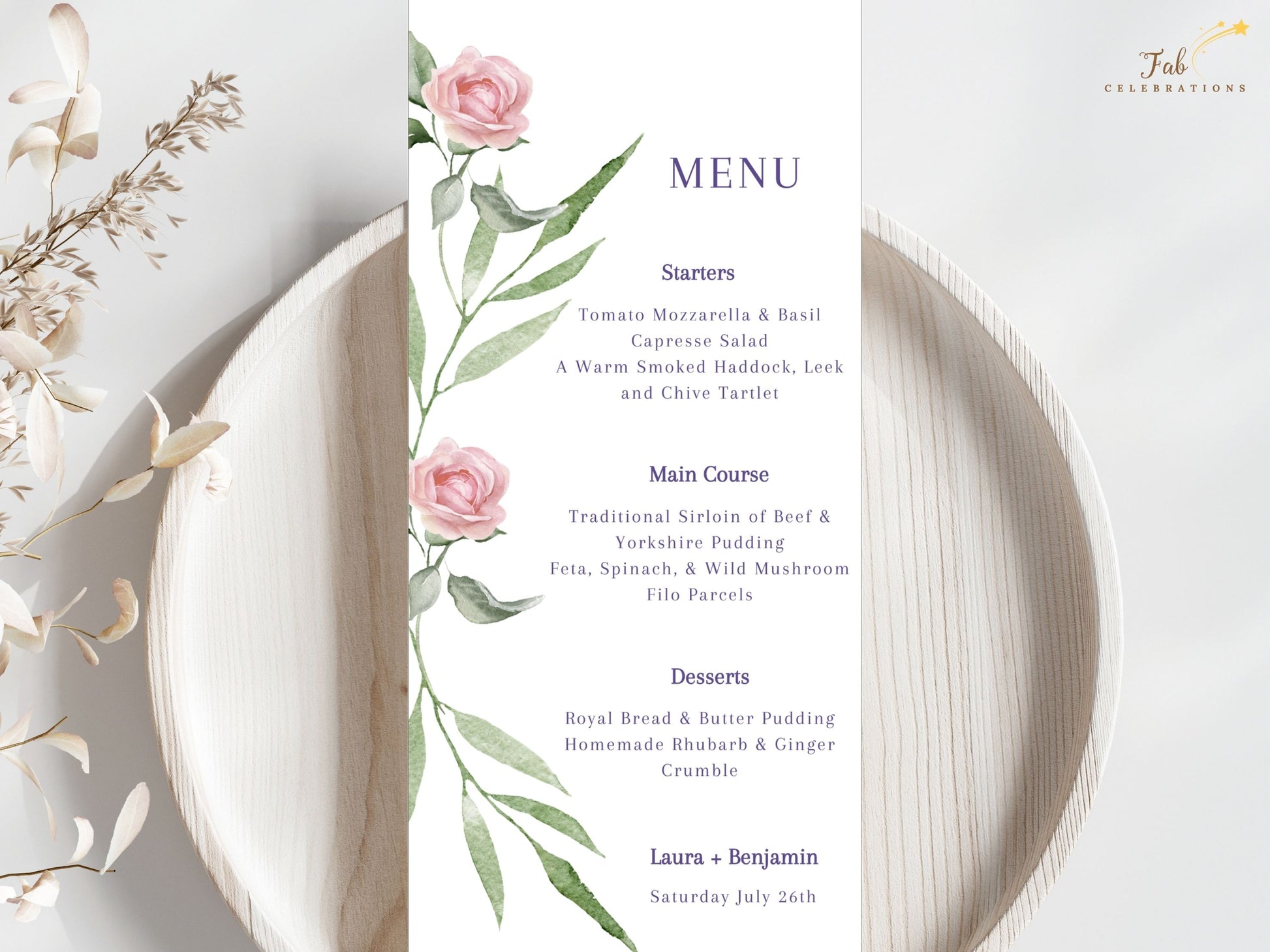 Pink rose wedding menu card template with watercolor florals — editable Canva design to present your reception meal with timeless, romantic, and elegant charm.