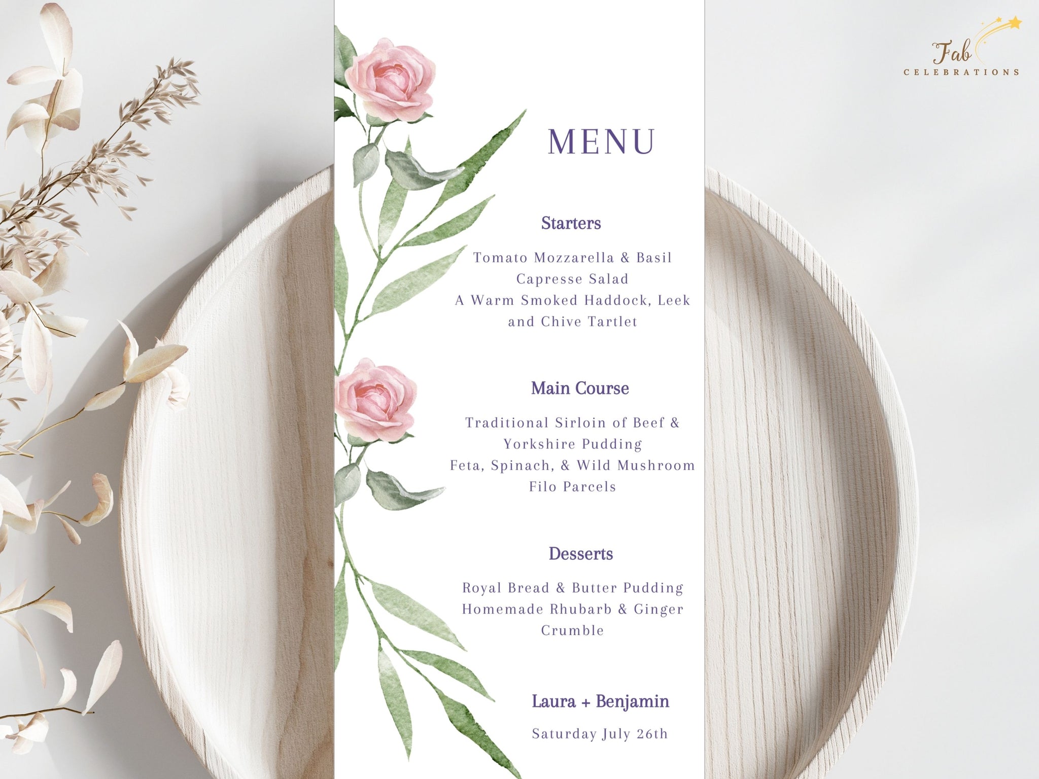 Pink rose wedding menu card template with watercolor florals — editable Canva design to present your reception meal with timeless, romantic, and elegant charm.